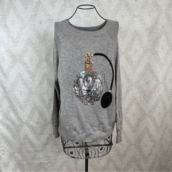 H&M sequin perfume bottle grey knit sweater size M - Picture 2 of 8